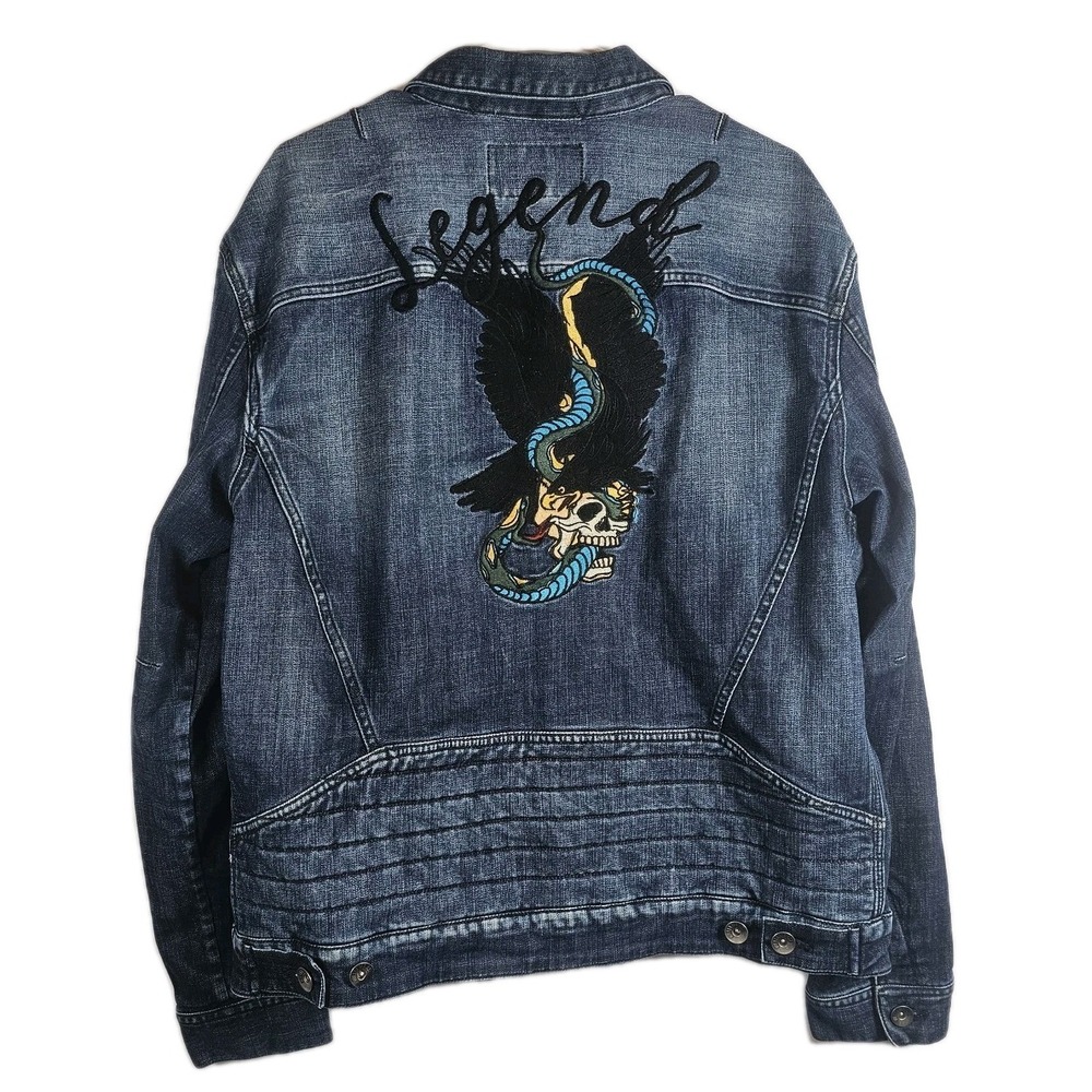 William Rast Mens Erwin Blue Knight Denim Jean Jacket Hawk Skull Snake Size XL